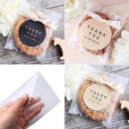 Self Adhesive Cookie Cellophane Treat Bags 5.5x5.5 Inches, 100 Pcs Resealable Plastic Packaging with Thank You Labels
