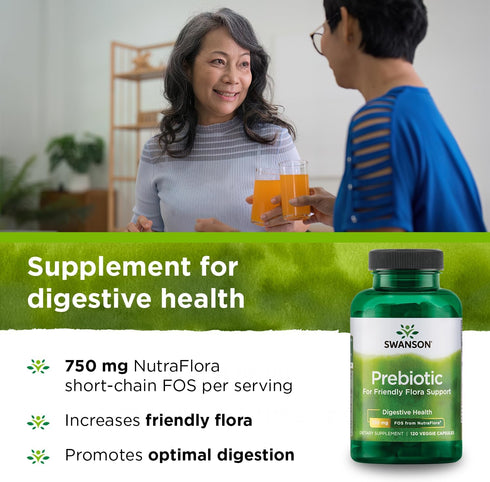 Swanson Prebiotic Capsules, Promotes Friendly Flora & Digestive Health, 120 Veggie Capsules, 750mg Each
