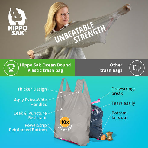 Hippo Sak Tall Kitchen Garbage Bags, 13 Gallon, 45 Count, Ergonomic Handles, Made from Recycled Plastic