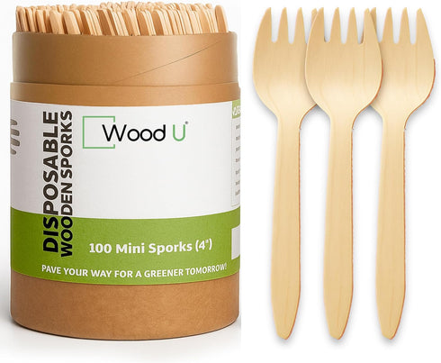 Mini Wooden Spork Disposable - Eco-Friendly Dessert, Appetizers, Cocktails, Biodegradable, Pack of 100