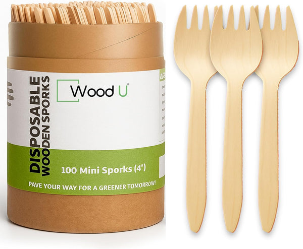 Mini Wooden Spork Disposable - Eco-Friendly Dessert, Appetizers, Cocktails, Biodegradable, Pack of 100