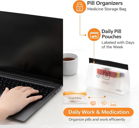 OGAK 7 Set Day Pill Pouches with Labels, Reusable Silicone Pill Pouch Bags, Travel Medicine Organizer with Pill Cutter