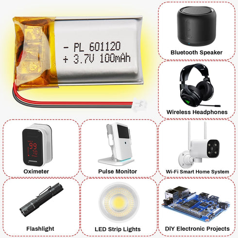 Qimoo 601120 3.7V 100mAh 1.25 LiPo Battery - Rechargeable Lithium Polymer Battery with Protection Board and Micro JST