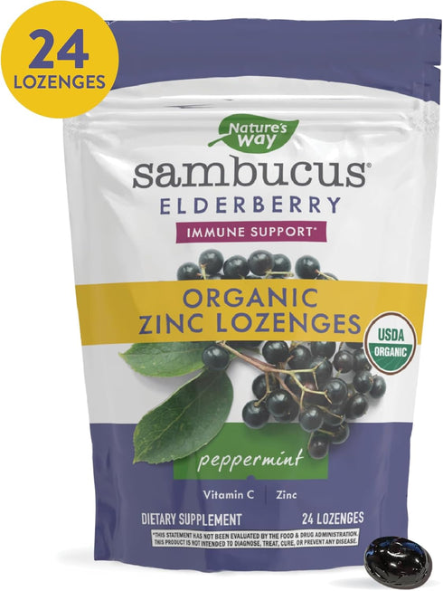 Nature’s Way Sambucus Zinc Lozenges with Elderberry and Vitamin C, Peppermint Flavored, 24 Lozenges
