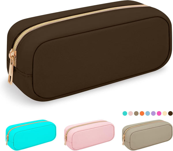 Nylon Small Makeup Bag, Slim Cosmetic Zipper Pouch, Waterproof Travel Coin Pouch for Women, Girls, Teens (Brown)