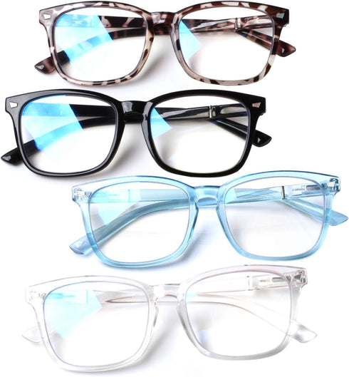Henotin 4-Pack Blue Light Blocking Reading Glasses, Spring Hinge Computer Readers, Anti UV Ray Square Eyeglasses