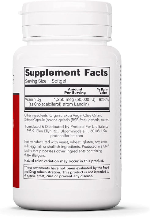 Protocol Vitamin D3 50000 IU - Immune Support, Healthy Bones and Teeth - 50 Softgels