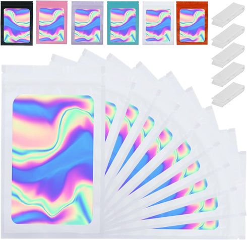 350 Pcs Holographic Bags with Front Window, 4x6 Inch Reclosable Ziplock Packing Bags, White Mylar Bags for Food Storage