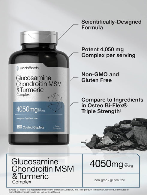 Horbaeach Glucosamine Chondroitin with Turmeric & MSM, 4050 mg, 180 Caplets, Triple Strength Formula