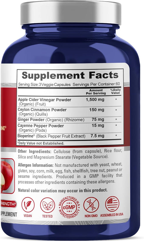 NusaPure Apple Cider Vinegar Complex 1500 mg, 180 Veg Caps, Suitable for Vegetarians and Vegans