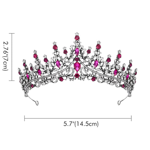 SWEETV Hot Pink Rhinestone Crystal Tiara Crown for Women, Antique Silver Metal Headband for Prom Birthday