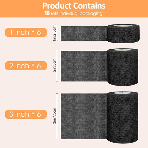 18 Pack Self Adhesive Bandage Wraps - 1"/2"/3" Black Cohesive Medical Tape for Wounds