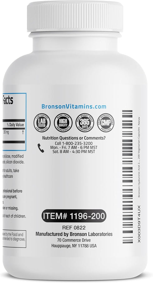 Bronson Hyaluronic Acid 200 MG, High Potency Joint Health & Skin Support, Non-GMO, 200 Vegetarian Capsules