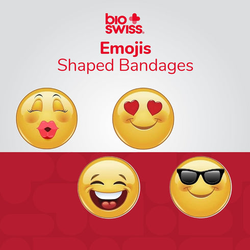 BioSwiss Bandages, Emoji Shaped Self Adhesive Bandage, Latex Free, 24 Count, Fun First Aid Kit Supplies for Kids