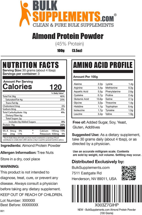 Almond Protein Powder by BulkSupplements.com - Plant Based, Flavorless Gluten Free Protein, 30g per Serving, 100g