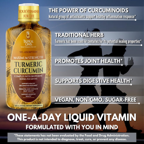 Tropical Oasis Liquid Turmeric Curcumin w/Bioperine, 1650mg Maximum Strength Supplement with Black Pepper & Vitamin C,