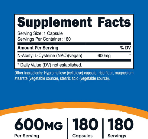 Nutricost N-Acetyl L-Cysteine (NAC) 600mg, 180 Capsules - Non-GMO, Gluten Free