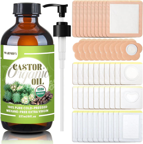 Warmify 50 Pcs Castor Oil Patches with (8oz) Castor Oil Organic Cold Pressed