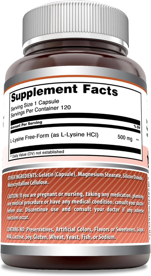 Amazing Formulas L-Lysine 500 mg Capsules: Non-GMO Amino Acid Supplement, 120 Count