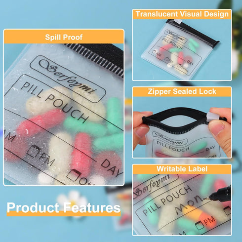 Serfeymi 48 Pcs Zippered Pill Pouches Organizer Plastic Bags 3 X 3 Inches with Writable Label for Travel Medicine
