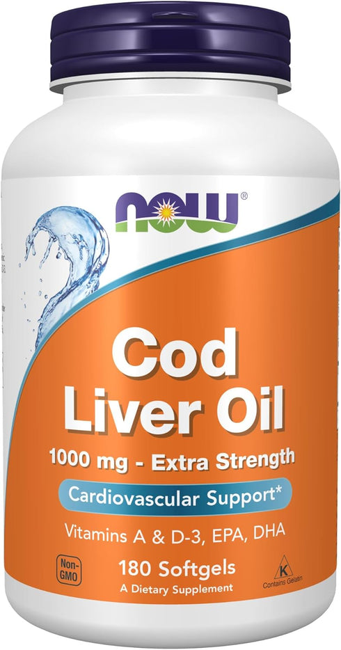 NOW Foods Cod Liver Oil, Extra Strength 1,000 mg with Vitamins A & D-3, EPA, DHA - 180 Softgels