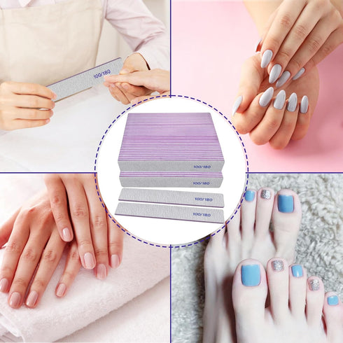 Nail Files (50 Pack) | 100/180 Grit Emery Boards for Natural and Acrylic Nails, Double Sided Reusable Manicure