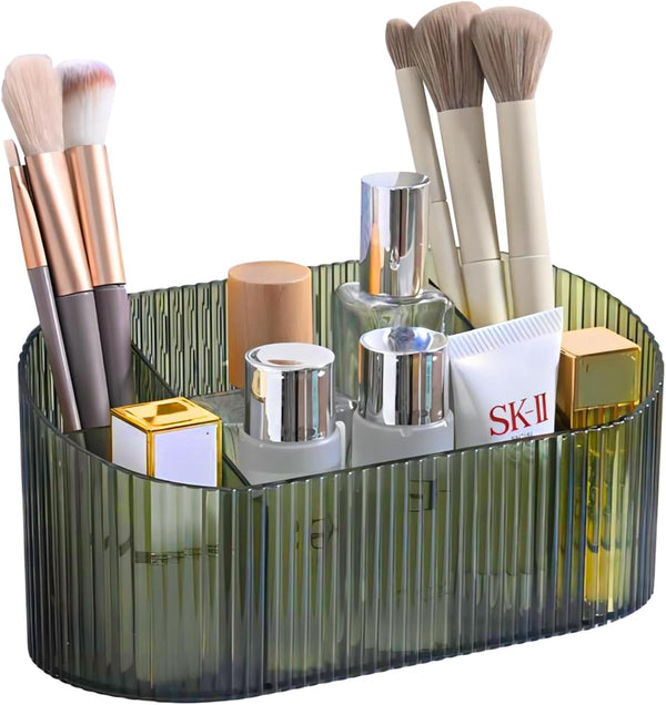DASITON 5 Slot Makeup Brush Holder, Vintage Striped Container for Vanity Decor, Bathroom Countertops, Green