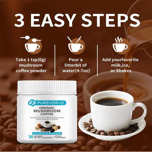 Pureverve Organic10 30 Mushroom Coffee, Mushroom Extract Powder Blend Lion's Mane, Reishi, Chaga, Cordyceps, Turkey