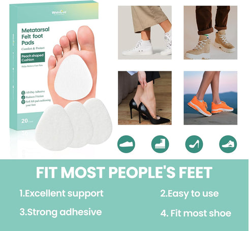 Welnove Metatarsal Foot Pads for Pain Relief - 20 Pieces Ball of Foot Cushion for Men & Women, 1/4" Thick Adhesive Foam