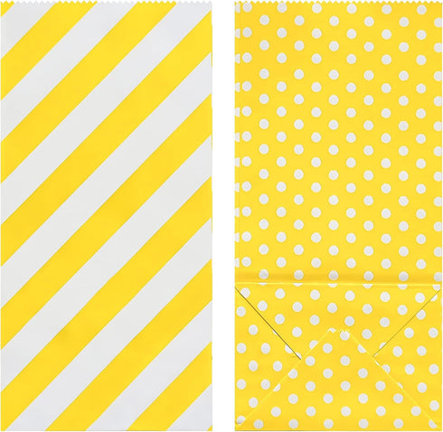 Striped and Polka Dot Paper Bags, Yellow Paper Lunch Bags for Wedding, Baby Shower, Birthday Party (50 PCS, 3.5 × 2.3 ×