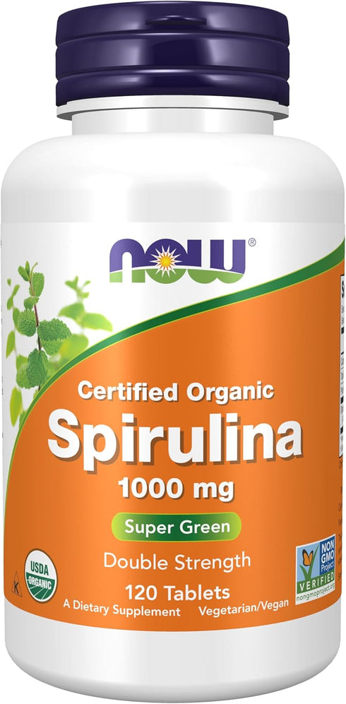 NOW Supplements Certified Organic Spirulina 1000 mg, Rich in Beta-Carotene and B-12, 120 Tablets