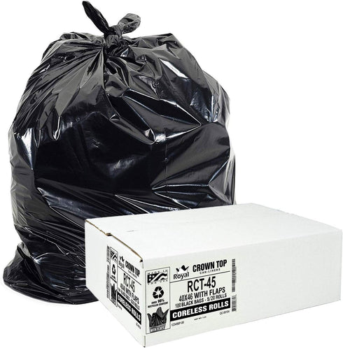 Aluf Plastics RCT-45 Star Sealed Coreless Rolls, 45 gal, Black, 40" x 46", Polyethylene, E-Z Tie Closure (Pack of 100)