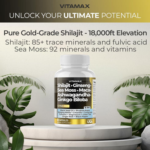 Pure Himalayan Shilajit Supplement 10,000mg with Ashwagandha, Sea Moss & Rhodiola Rosea - 60 Count, Made in USA