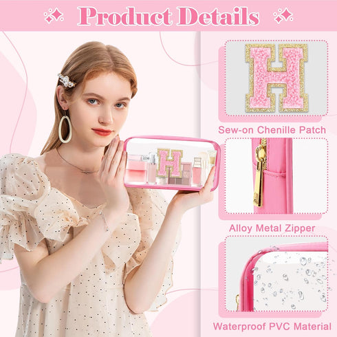 Personalized Initial Letter Clear Makeup Bag - Preppy Small Nylon & PVC Cosmetic Zipper Bag for Travel