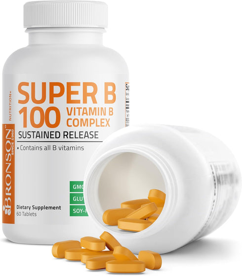 Bronson Vitamin B 100 Complex, High Potency Sustained Release, 60 Tablets (Vitamin B1, B2, B3, B6, B9, B12)