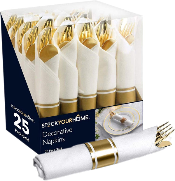 25 Pack Pre Rolled Plastic Silverware Sets for Parties, Gold Cutlery Set, Heavy Duty Utensils Individually Wrapped