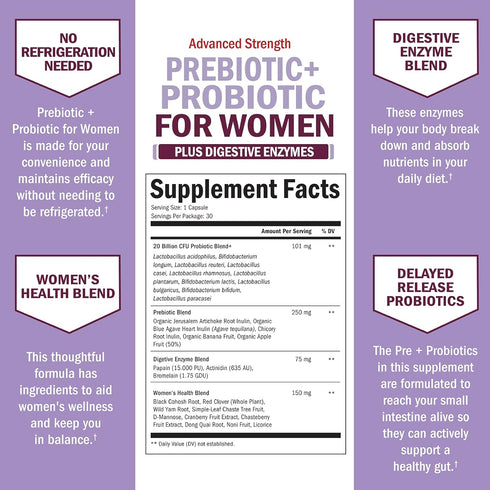 Prebiotics and Probiotics for Women | 30 Count | for Gut, Vaginal and Immune Health Support with Black Cohosh and Red