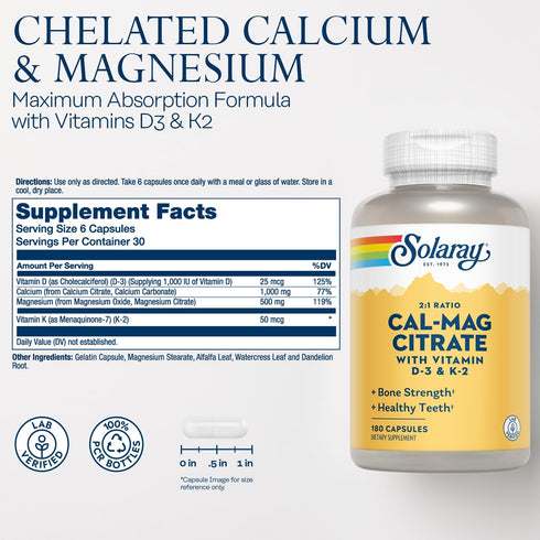 SOLARAY Calcium Magnesium Citrate with Vitamin D3 K2 - 30 Servings, Bone & Heart Health Support
