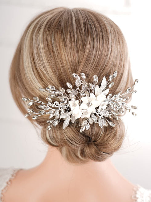 Missgrace Bridal Wedding Crystals Hair Comb, Handmade Flower Leaves Side Headpiece for Women (Silver)