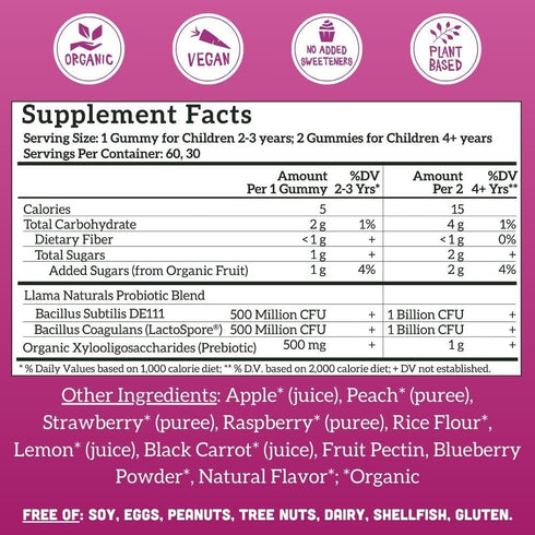 Gummies Gummy 60 Llama Naturals Kids Probiotic with Prebiotic Fiber, Vegan, Organic Prebiotics and Probiotics for Gut