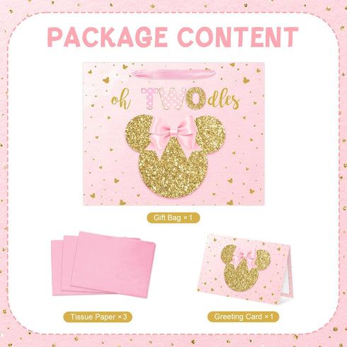 Reyoust 13" 2nd 13"L 10.2"H 4.9"W Large Oh Twodles Birthday Gift Bag with Tissue Paper and Greeting Card Glitter Pink