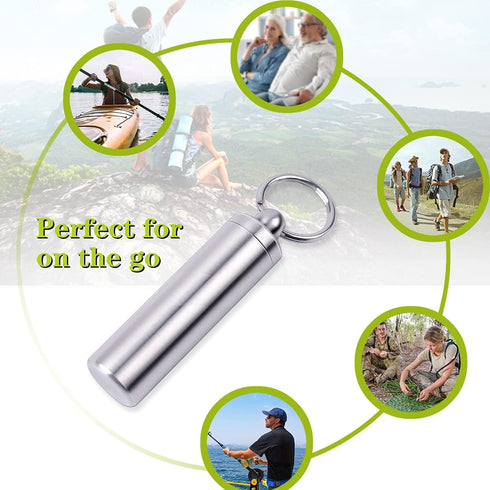 Keychain Pill Holder Container, Portable Waterproof Single Chamber Stainless Steel Pill Box for Outdoor Travel Camping