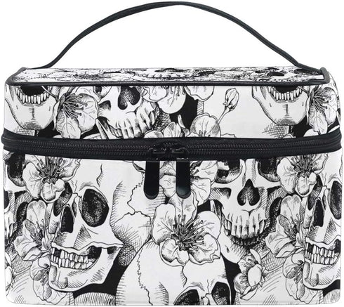 Makeup Train Case Sugar Skull Mexican Floral, Portable Zip Travel Cosmetic Brush Organizer for Girls Women