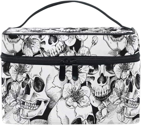 Makeup Train Case Sugar Skull Mexican Floral, Portable Zip Travel Cosmetic Brush Organizer for Girls Women