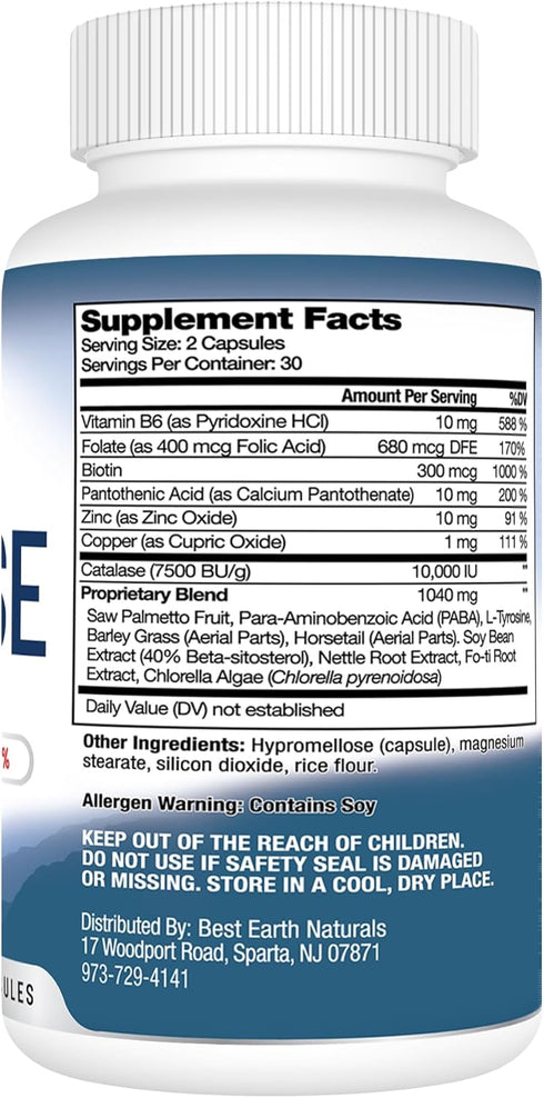 Best Earth Naturals Catalase Supplement 10,000 with Saw Palmetto, Biotin, Fo-Ti, PABA - Hair Supplements for Strong
