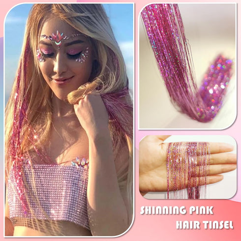 Pink Fairy Hair Tinsel Kit 48 Inches 1200 Strands with Tools and Instruction Easy to Install Glitter Tinsel Hair Extensions for Women and Girls,Shinny Sparkling Braiding Hair Accessories for Halloween Cosplay Party