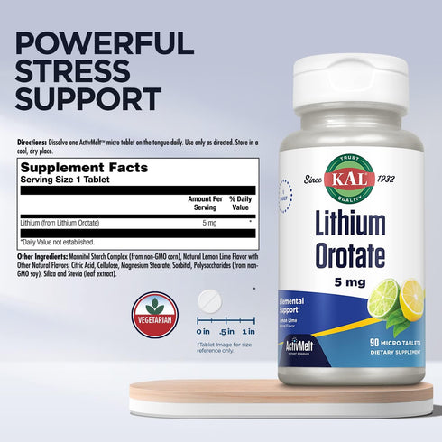 KAL Lithium Orotate ActivMelt 90 Micro Tablets, 5mg for Healthy Mood Support, Natural Lemon Lime Flavor