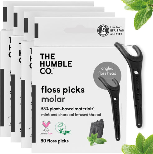 The Humble Co. Charcoal Floss Picks (200 Count) – Plant Based Dental Floss Picks with Grip Handle for Oral Care