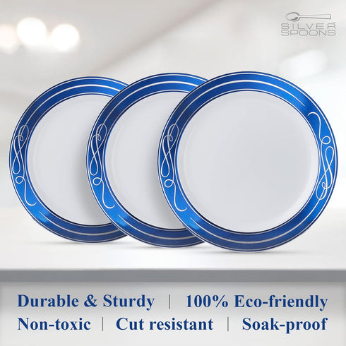 SILVER SPOONS Elegant Disposable Plates - (10 Piece) Heavy Duty Dessert Set 7.5”, Fine Dining Plastic Dishes, Blue