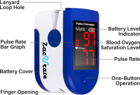 Zacurate Fingertip Pulse Oximeter Blood Oxygen Saturation Monitor with Batteries and Lanyard Included (Sapphire Blue)